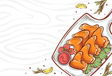 Tavuk kanadı illüstrasyon üst görünümü. Limon dilimleri ve bitkilerle dolu el yapımı tavuk yemeği. Renkli tavuk çizimi vektör tasarımı arkaplanı