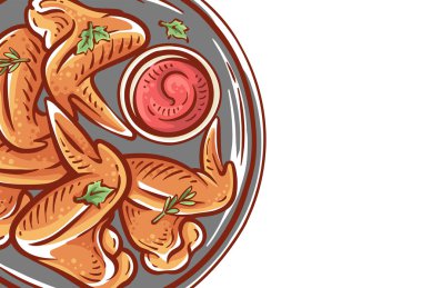 Tavuk kanadı illüstrasyon üst görünümü. Limon dilimleri ve bitkilerle dolu el yapımı tavuk yemeği. Renkli tavuk çizim vektör tasarımı arkaplanı beyazda izole