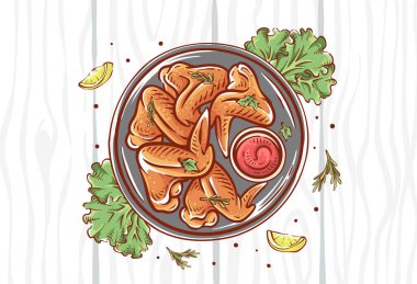 Tavuk kanadı illüstrasyonu ahşap arka planda izole üst görünüm. Limon dilimleri ve bitkilerle dolu el yapımı tavuk yemeği. Renkli tavuk çizimi vektör tasarımı arkaplanı