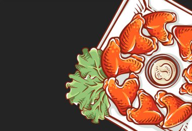 Tavuk kanadı çizimi siyahlar içinde izole edilmiş. Elle çizilmiş tavuklu yiyecekler üst tarafı tamamen renkli. Renkli tavuk çizimi vektör tasarımı arkaplanı