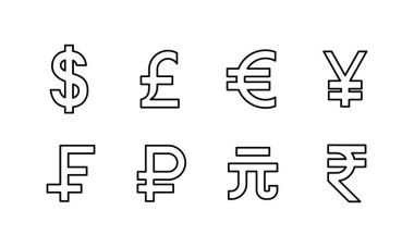 En popüler para birimi simgeleri seti vektör dolar, avro, pound, yen, yuan, rupi, ruble uluslararası para değişimi