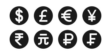 En popüler para birimi simgeleri seti vektör dolar, avro, pound, yen, yuan, rupi, ruble uluslararası para değişimi