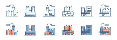 Fabrika binaları simgesi set işletme endüstriyel istasyon vektör ilüstrasyonu kimyasal sanayi inşaat sembolü tasarımı üretti