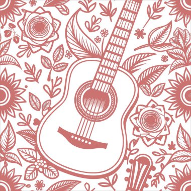 Gitar, çiçek ve kelebeklerle kusursuz bir desen..