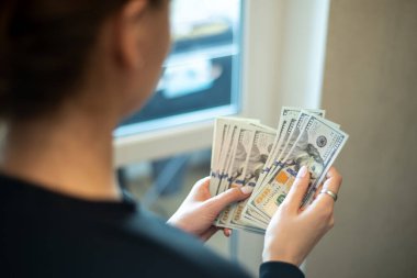 Kadın pencerenin önünde dururken sayısız yüz dolarlık banknotları dikkatle sayıyor. Parlak gün ışığı çağdaş odayı dolduruyor, elindeki parayı vurguluyor..
