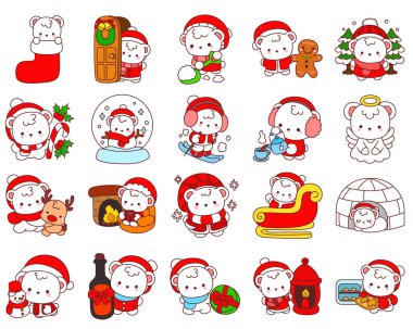 Bu simge setinin teması Chrismtas Bear. Bebek ayı noel karakter çizimleri. Noel kıyafetleriyle ayı karakterinin çıkartması. Noel 'in süslemesi. Karda beyaz ayı.