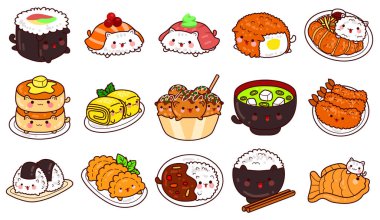 The theme of this illustration is Japanese Food. Japanese clip art. Emoji of food icon. Neko sushi yum cute. Taiyaki with cat. Sushi cat roll. Cute onigiri emoji. Adorable street food from Japanese. clipart