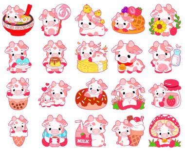 Çilek Süt Vektörü Simgesi Ayarlı Pembe İnekler. Şirin komik inek pembe karakter tasarımı.