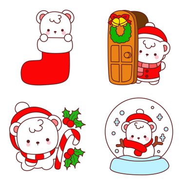 Noel Ayıları 'nın simgeleri. Bebek Noel karakterlerinin resimlerini taşıyor. Noel kıyafetleri giymiş ayıların çıkartmaları. Noel 'in süslemeleri. Beyaz ayılar