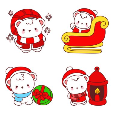 Noel Ayıları 'nın simgeleri. Bebek Noel karakterlerinin resimlerini taşıyor. Noel kıyafetleri giymiş ayıların çıkartmaları. Noel 'in süslemeleri. Beyaz ayılar