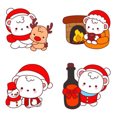 Noel Ayıları 'nın simgeleri. Bebek Noel karakterlerinin resimlerini taşıyor. Noel kıyafetleri giymiş ayıların çıkartmaları. Noel 'in süslemeleri. Beyaz ayılar