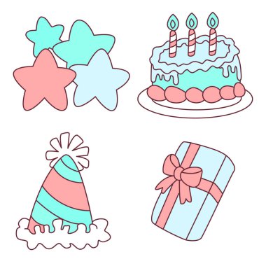 Doğum günü partisi ikonları koleksiyonu. Karnaval klip sanatının dekorasyonları. Mutlu doğum günü simgeleri.     