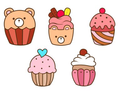 Şirin kapkek emoticonlar çizgi film doğum günü. Lezzetli kek karakterleri tasarımı. Kawaii kapkek etiketleri. Yemek ve tatlı. 