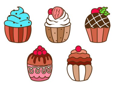 Şirin kapkek emoticonlar çizgi film doğum günü. Lezzetli kek karakterleri tasarımı. Kawaii kapkek etiketleri. Yemek ve tatlı. 