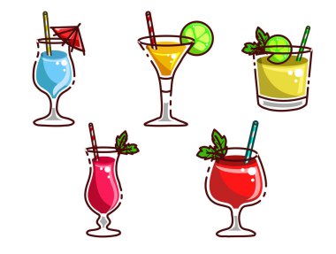 Bir dizi farklı kokteyl koleksiyonu. vektör illüstrasyonu  