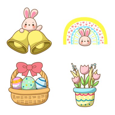 Paskalya yumurtaları ve şirin tavşan simgeleriyle belirlenmiş vektör       