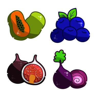 Meyve ikonları koleksiyonu. Tropik egzotik meyve ikonları. Meyvelerin düz çizimi. Çiğ yiyeceğin simgeleri.      
