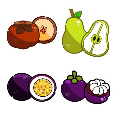 Meyve ikonları koleksiyonu. Tropik egzotik meyve ikonları. Meyvelerin düz çizimi. Çiğ yiyeceğin simgeleri.      