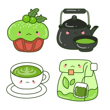 Kibrit çay vektör tatlıları ayarlandı. Matcha, Japon pudra ürünleri satar. Çeşitli yeşil tatlılar seti. Yeşil estetik moka yeşil çay. Tatlı kek..        
