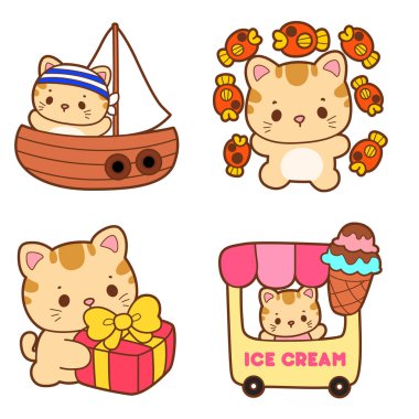 Beyaz arka planda izole edilmiş şirin çizgi film kedileri etiketleri.