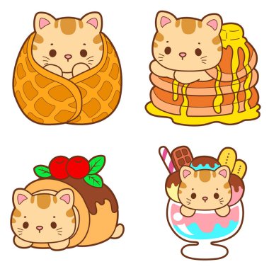 Beyaz arka planda izole edilmiş şirin çizgi film kedileri etiketleri.