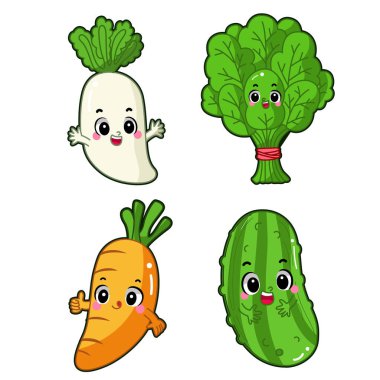 Çizgi film tarzında sebzeler - daikon, sabah zaferi, havuç, salatalık beyaz arka planda izole edilmiş