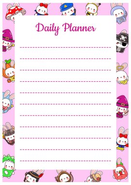 Güzel el çizimi pastel renkler. Günlük çizelge çizelgesi çizimi. Etrafında sevimli tavşan çerçevesi olan günlük planlamacı..