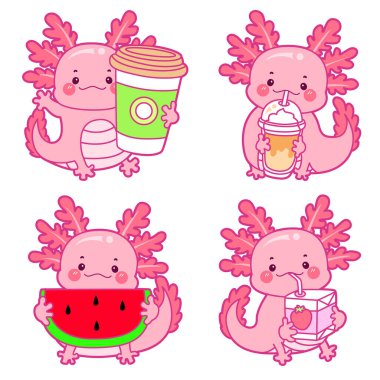 Şirin axolotl aktivite simgesi. Günlük çıkartmalarda komik pembe axolotl. Varyasyonlu pembe bir axolotl.