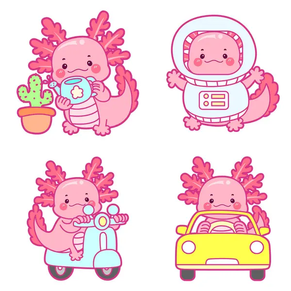 Şirin axolotl aktivite simgesi. Günlük çıkartmalarda komik pembe axolotl..