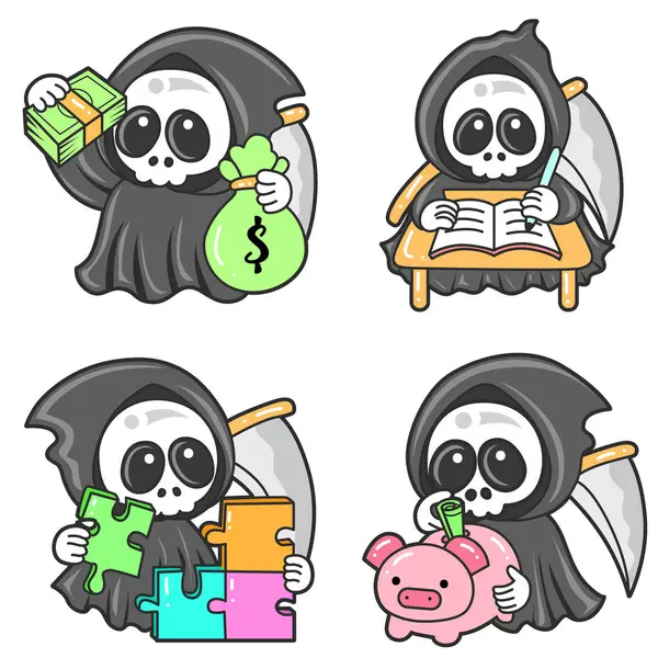 Illustration of cute skull ghost icon.Funny skull ghost in activities stickers.Angel of death cute elements. — Illustration Illustration Cute Skull Ghost Icon Funny Skull Ghost Activities Stickers — Stock Vector