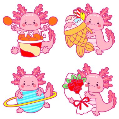 Şirin axolotl aktivite simgesi. Günlük çıkartmalarda komik pembe axolotl..