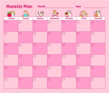 Gökkuşağı renginde şirin tek boynuzlu atlarla basılabilir günlük plan.