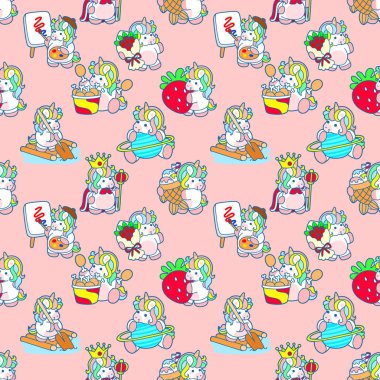 Kumaş veya arkaplan için tek boynuzlu atın günlük aktivitesinin kusursuz deseni 