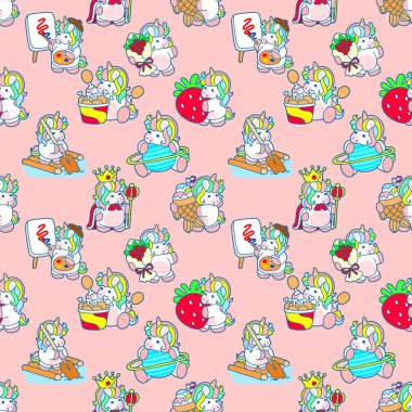 Seamless pattern of unicorn daily activity for fabric or background  clipart