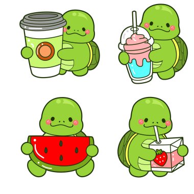 Kawaii kaplumbağa günlük hayat çıkartması. Şirin kaplumbağa maskotu çizimleri..