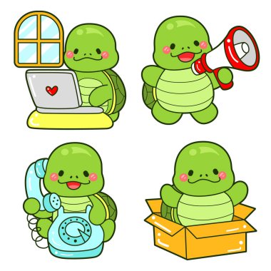 Kawaii kaplumbağa günlük hayat çıkartması. Şirin kaplumbağa maskotu çizimleri..