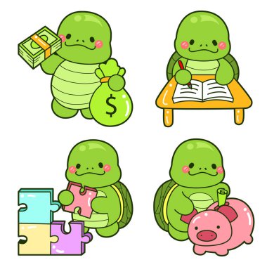 Kawaii kaplumbağa günlük hayat çıkartması. Şirin kaplumbağa maskotu çizimleri..