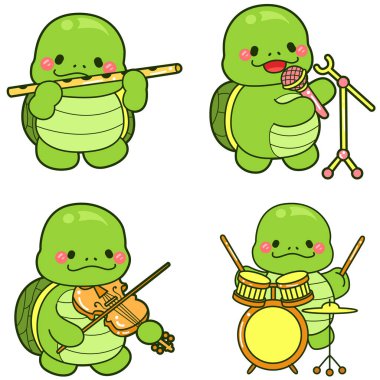 Kawaii kaplumbağa günlük hayat çıkartması. Şirin kaplumbağa maskotu çizimleri..