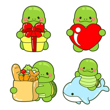 Kawaii kaplumbağa günlük hayat çıkartması. Şirin kaplumbağa maskotu çizimleri..