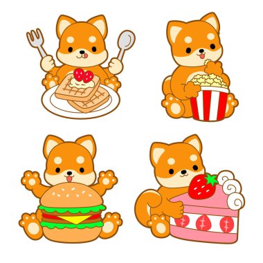 Şirin köpek yavrusu kawaii köpek sevimli hayvan vektör ikonu. Yumuşak Shiba Inu evcil hayvan etiketleri. Mutlu köpek aktiviteleri çizimleri.