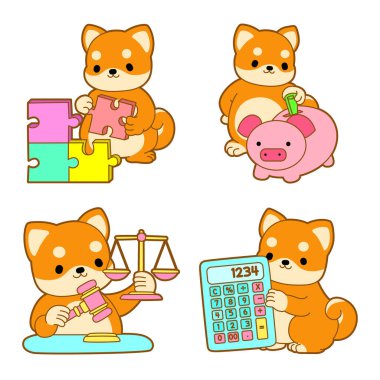 Şirin köpek yavrusu kawaii köpek sevimli hayvan vektör ikonu. Yumuşak Shiba Inu evcil hayvan etiketleri. Mutlu köpek aktiviteleri çizimleri.