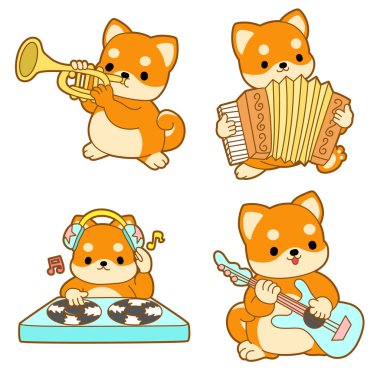 Şirin köpek yavrusu kawaii köpek sevimli hayvan vektör ikonu. Yumuşak Shiba Inu evcil hayvan etiketleri. Mutlu köpek aktiviteleri çizimleri.