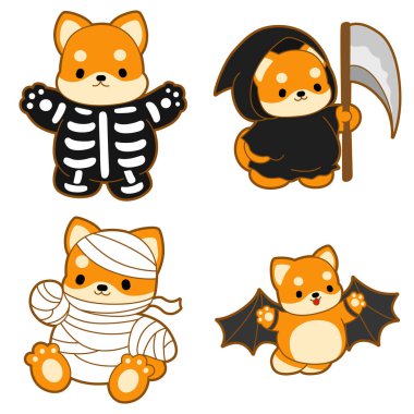 Şirin köpek yavrusu Kawaii sevimli hayvan cadılar bayramı vektörü. Yumuşak Shiba Inu evcil hayvan etiketleri. Mutlu köpek aktiviteleri çizimleri.