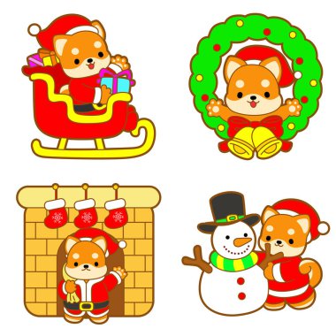 Şirin köpek yavrusu Kawaii Noel köpeği sevimli hayvan vektör ikonu. Yumuşak Shiba Inu Noel çıkartmaları. Noel Baba köpek.