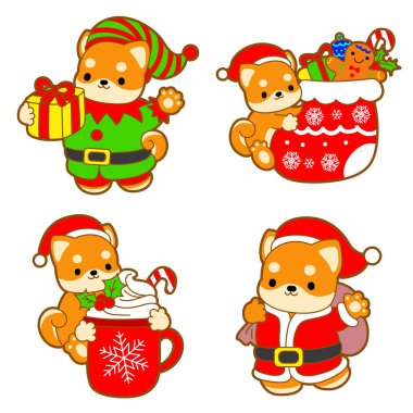 Şirin köpek yavrusu Kawaii Noel köpeği sevimli hayvan vektör ikonu. Yumuşak Shiba Inu Noel çıkartmaları. Noel Baba köpek.