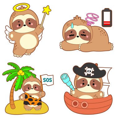 Şirin tembel hayvan vektör ikonu. Komik bebek miskin hayvan hayvan serisi örnekleri. Yumuşak tembelliğin yavaş yaşamı.