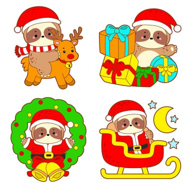 Şirin tembel hayvan Noel versiyonu. Komik bebek miskin hayvan serisi Noel illüstrasyonu.