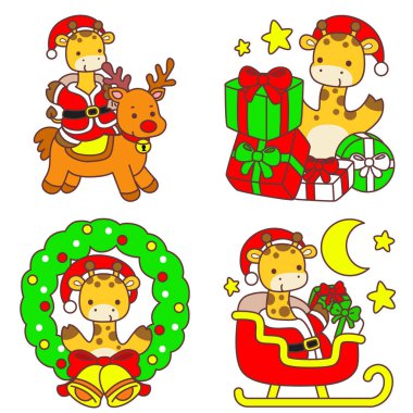 Bebek Zürafa 'nın Noel Vektör Resimlerini Ayarla. Noel temalı şirin zürafa hayvanları..