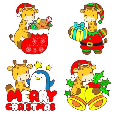 Bebek Zürafa 'nın Noel Vektör Resimlerini Ayarla. Noel temalı şirin zürafa hayvanları..