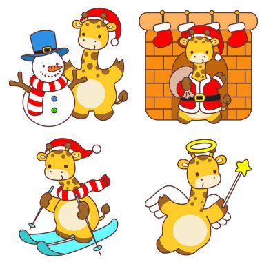 Bebek Zürafa 'nın Noel Vektör Resimlerini Ayarla. Noel temalı şirin zürafa hayvanları..